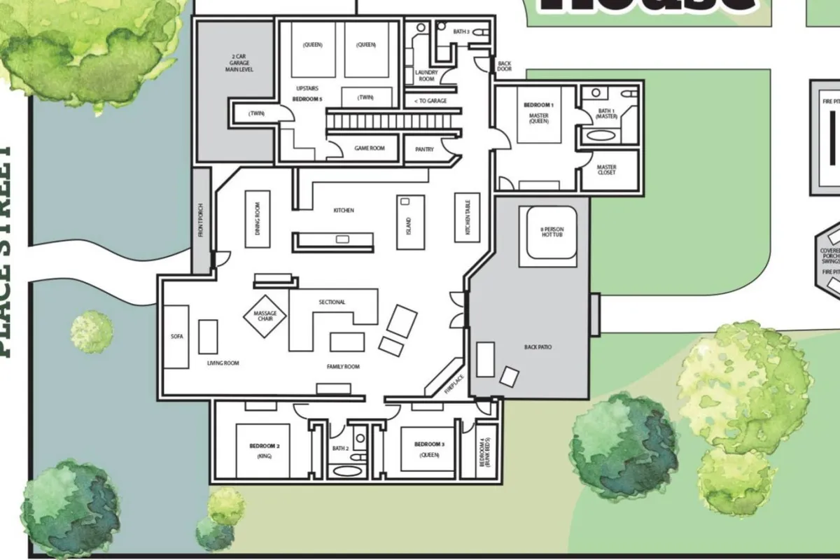 A wide-angle view of the open living area, kitchen, and game room with easy access to the back patio. The space is filled with natural light and exudes a cozy, inviting vibe—ideal for relaxing, hosting casual lunches, or enjoying time with your group indoors after outdoor activities.